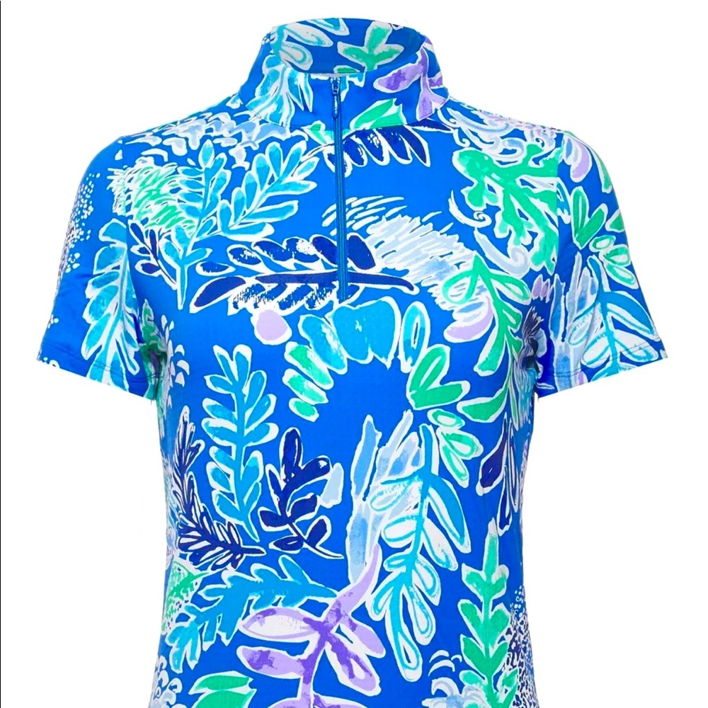 IBKUL Top Graphic Tee Zip Mock Neck Short Sleeve Nessa Royal Cooling Jersey New